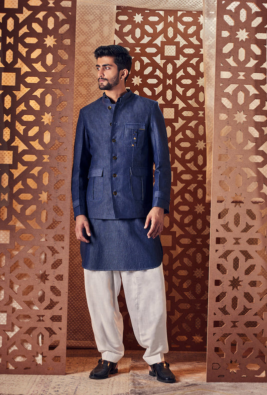 Men's Blue Pathani with Salwar - Set of 2 by Charkhee with Blue, Cotton, Denim, Embroidered, Ethnic Wear, Kurta Salwar Sets, Mens Co-ords, Menswear, Naayaab, Natural, Nayaab, Nayaab by Charkhee, Pathani Kurta set, Relaxed Fit at Kamakhyaa for sustainable fashion