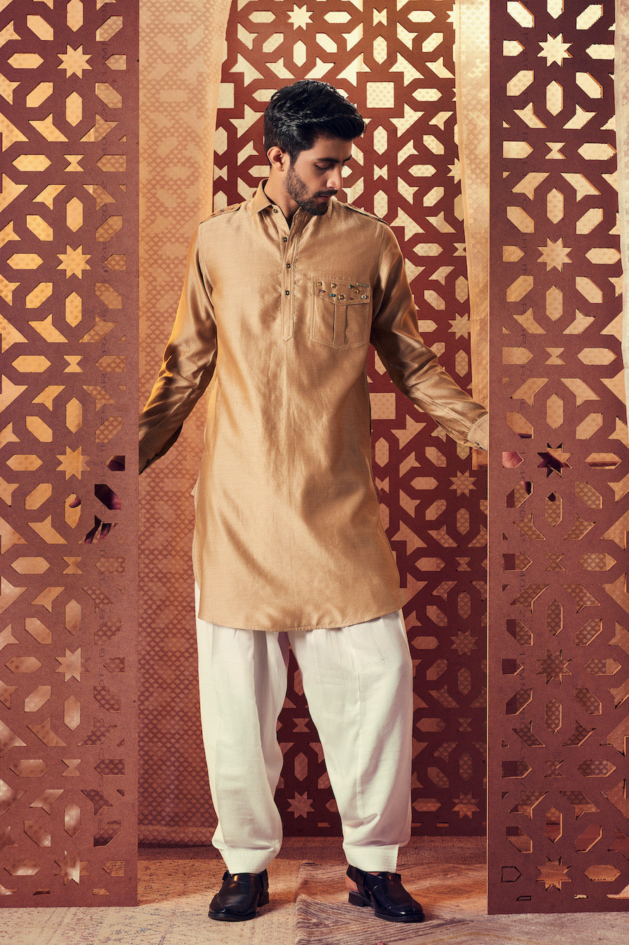 Men's Beige Pathani with Salwar - Set of 2 by Charkhee with Beige, Chanderi, Cotton, Embroidered, Ethnic Wear, For Father, Kurta Salwar Sets, Mens Co-ords, Menswear, Naayaab, Natural, Nayaab, Nayaab by Charkhee, Pathani Kurta set, Relaxed Fit at Kamakhyaa for sustainable fashion