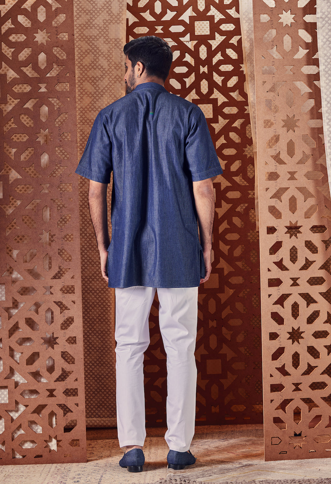 Men's Blue Short Kurta with Pant - Set of 2 Menswear Blue, Chanderi, Cotton, Embroidered, Ethnic Wear, Naayaab, Natural, Poplin, Relaxed Fit, kurta Set, White Charkhee Kamakhyaa