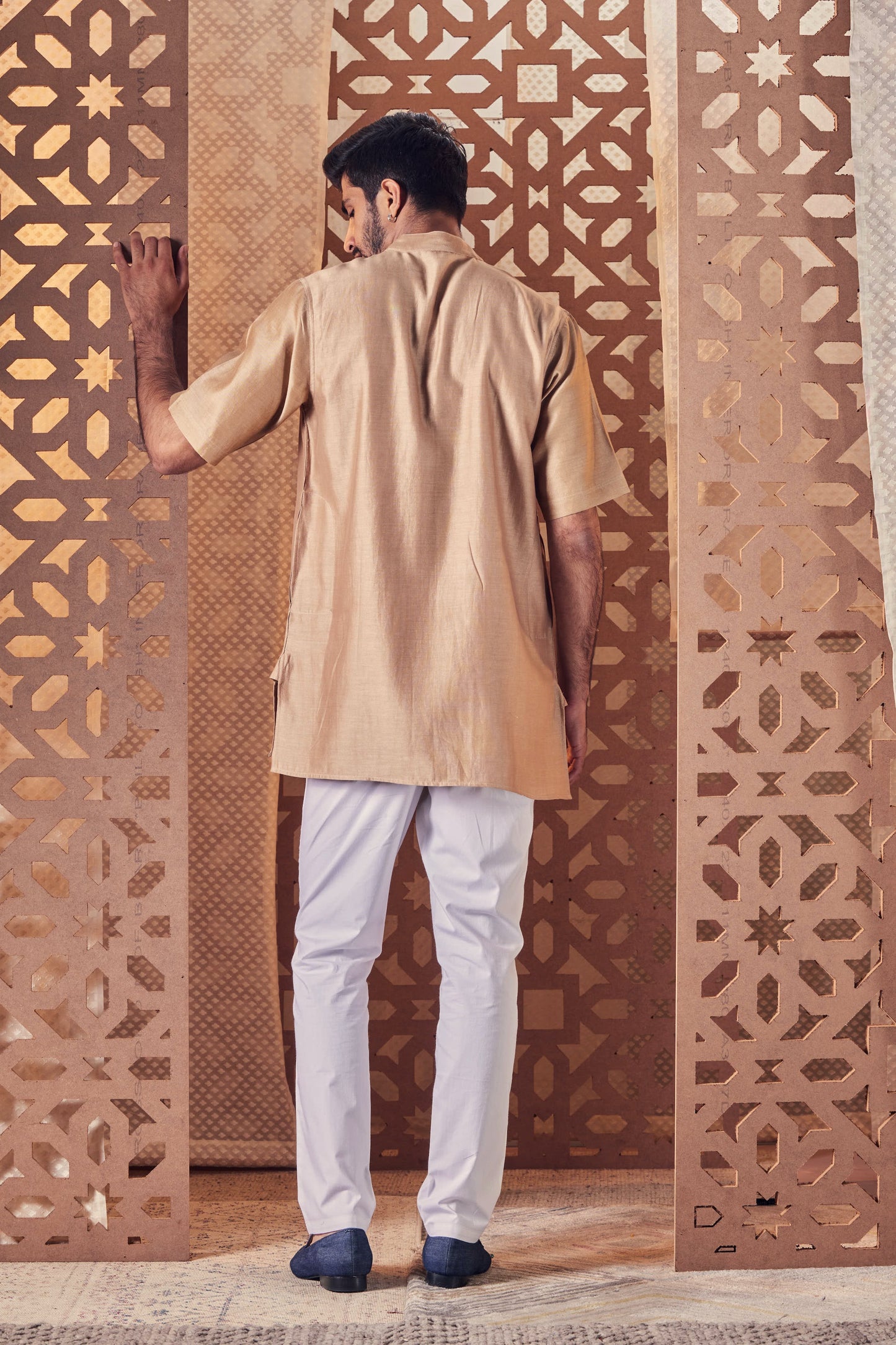 Men's Beige Short Kurta with Pant - Set of 2 by Charkhee with Beige, Chanderi, Cotton, Embroidered, Ethnic Wear, For Father, Kurta Pant Sets, Mens Co-ords, Menswear, Naayaab, Natural, Nayaab, Nayaab by Charkhee, Poplin, Relaxed Fit, Short kurta Set at Kamakhyaa for sustainable fashion