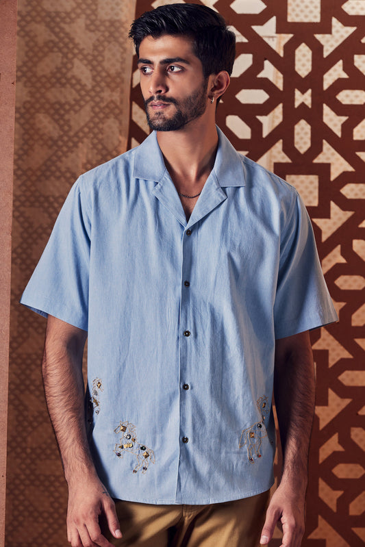 Men's Blue Denim Oversized Shirt by Charkhee with Blue, Denim, Embroidered, Ethnic Wear, For Anniversary, For Him, Menswear, Naayaab, Natural, Nayaab, Nayaab by Charkhee, Relaxed Fit, Shirts, Tops at Kamakhyaa for sustainable fashion