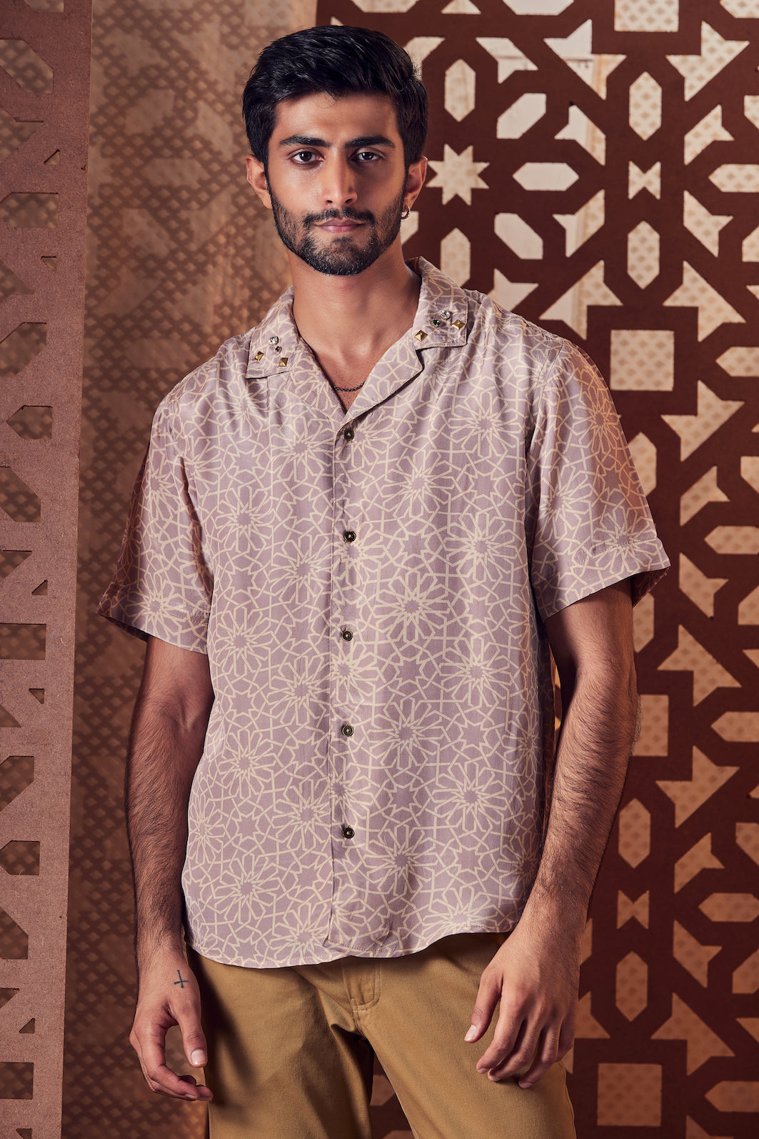 Men's Beige Printed Oversized Shirt Menswear Beige, Cotton, Crepe, Embroidered, Ethnic Wear, Naayaab, Natural, Relaxed Fit, Shirts Charkhee Kamakhyaa