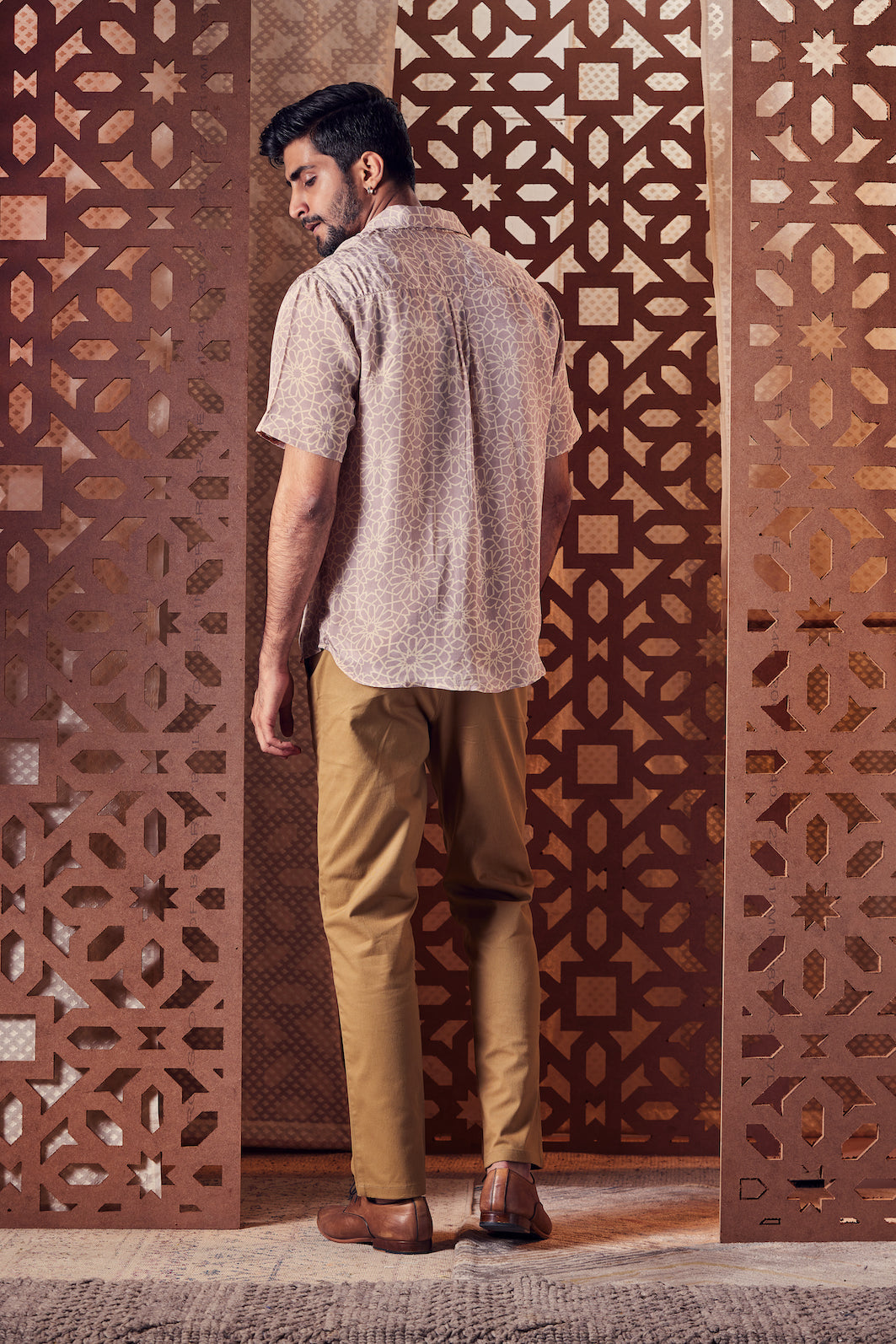 Men's Beige Printed Oversized Shirt Menswear Beige, Cotton, Crepe, Embroidered, Ethnic Wear, Naayaab, Natural, Relaxed Fit, Shirts Charkhee Kamakhyaa