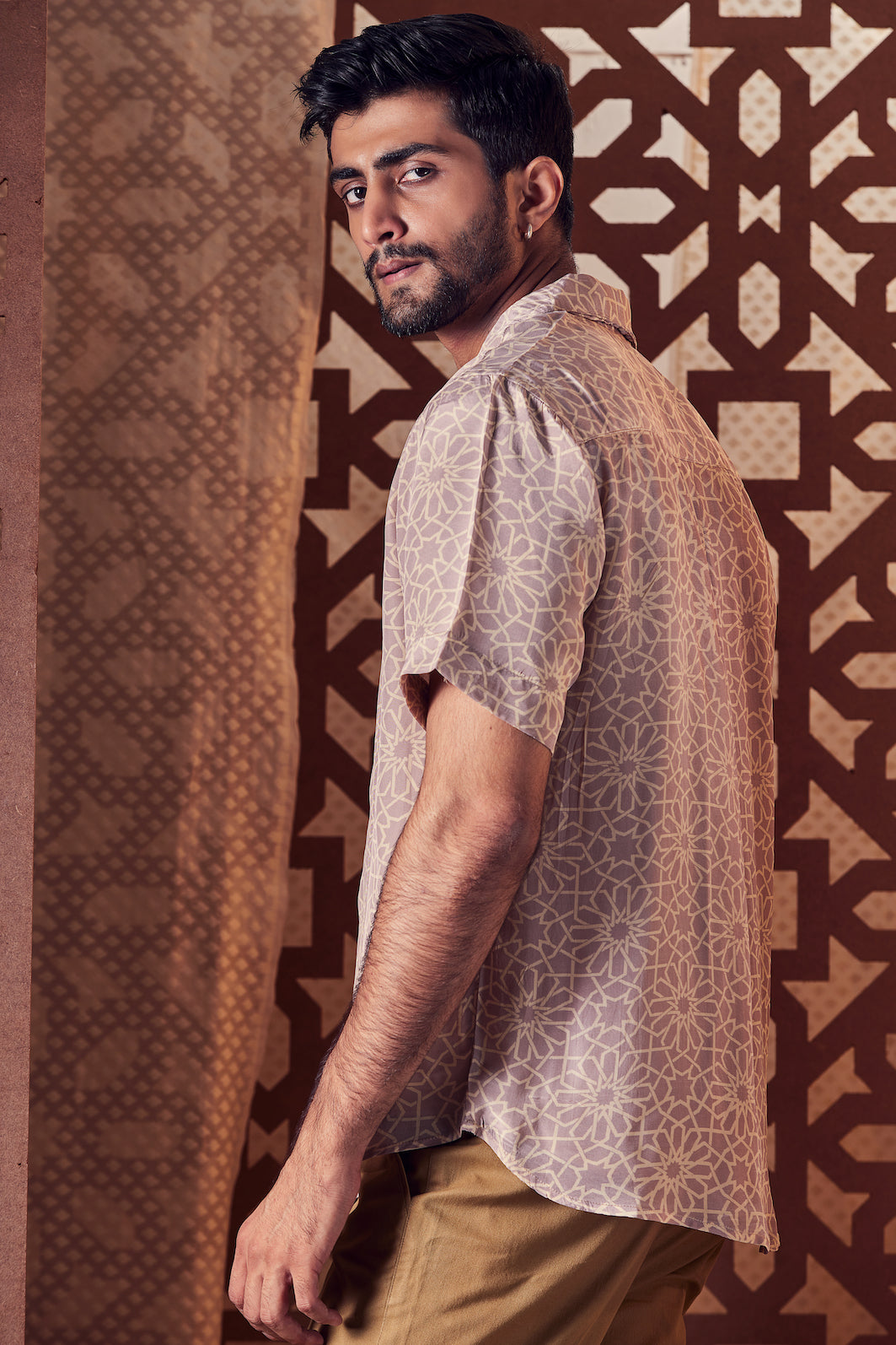 Men's Beige Printed Oversized Shirt by Charkhee with Beige, Cotton, Crepe, Embroidered, Ethnic Wear, For Anniversary, For Him, Menswear, Naayaab, Natural, Nayaab, Nayaab by Charkhee, Relaxed Fit, Shirts, Tops at Kamakhyaa for sustainable fashion