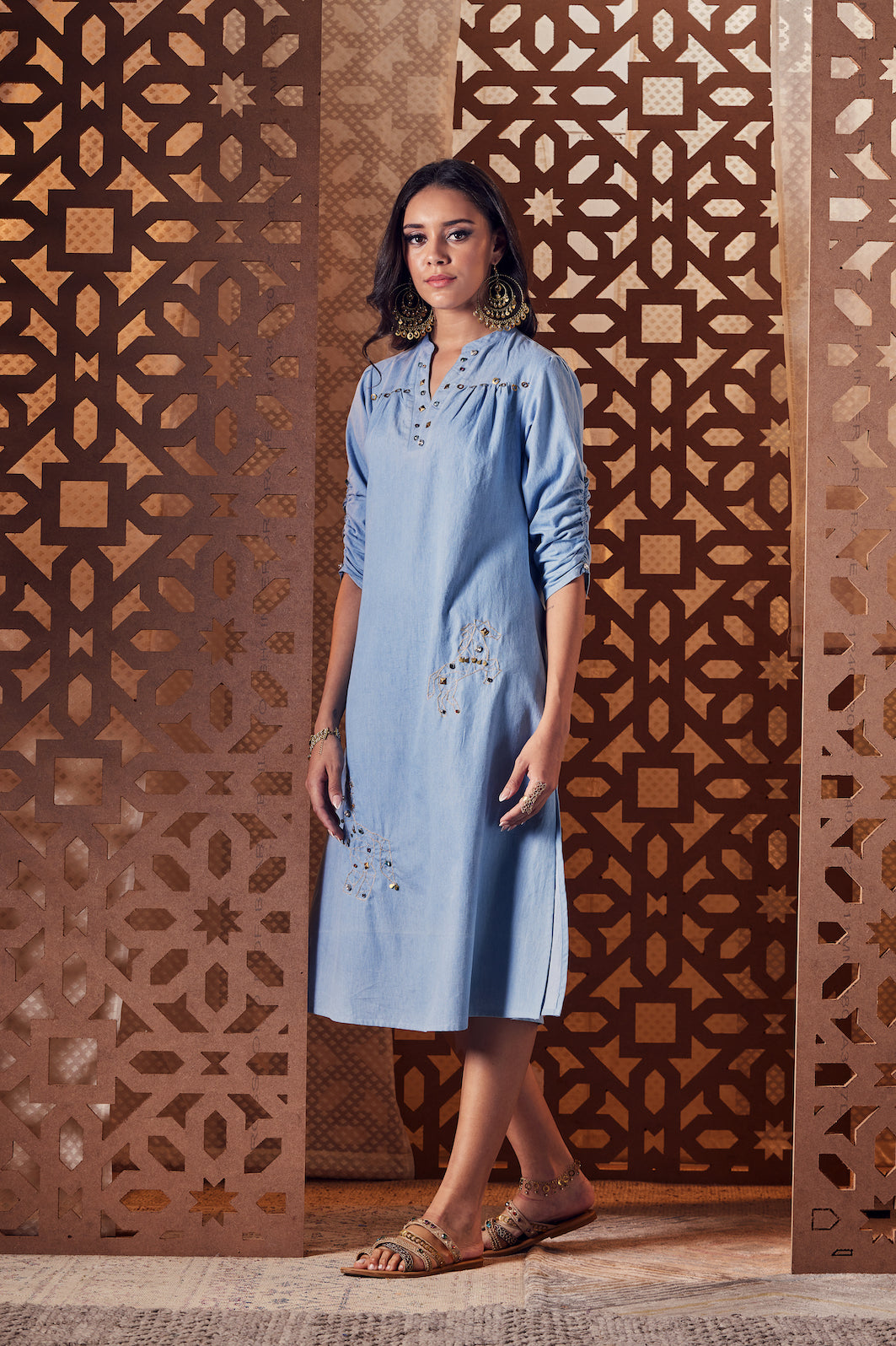 Blue Denim A-Line Side Slit Dress Dresses Blue, Denim, Embroidered, Ethnic Wear, Midi Dresses, Naayaab, Natural, Relaxed Fit Charkhee Kamakhyaa
