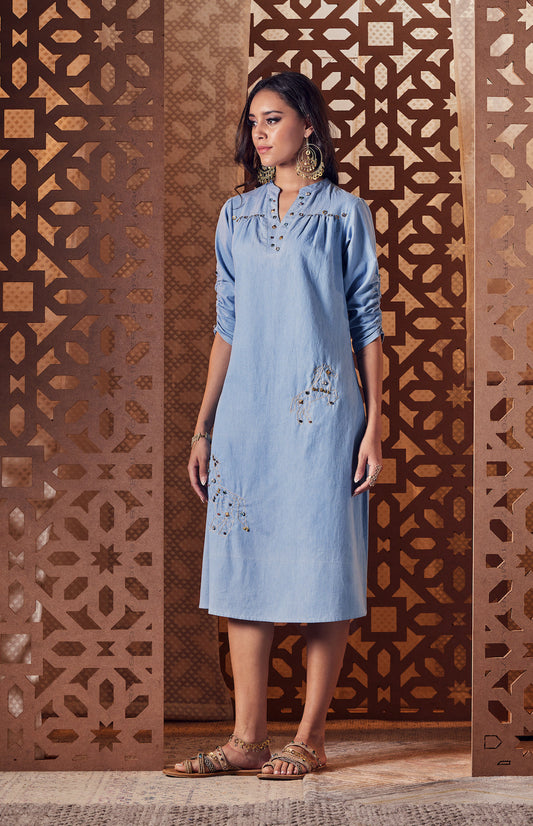 Blue Denim A-Line Side Slit Dress by Charkhee with Blue, Denim, Embroidered, Ethnic Wear, Midi Dresses, Naayaab, Natural, Nayaab, Nayaab by Charkhee, Relaxed Fit, Womenswear at Kamakhyaa for sustainable fashion