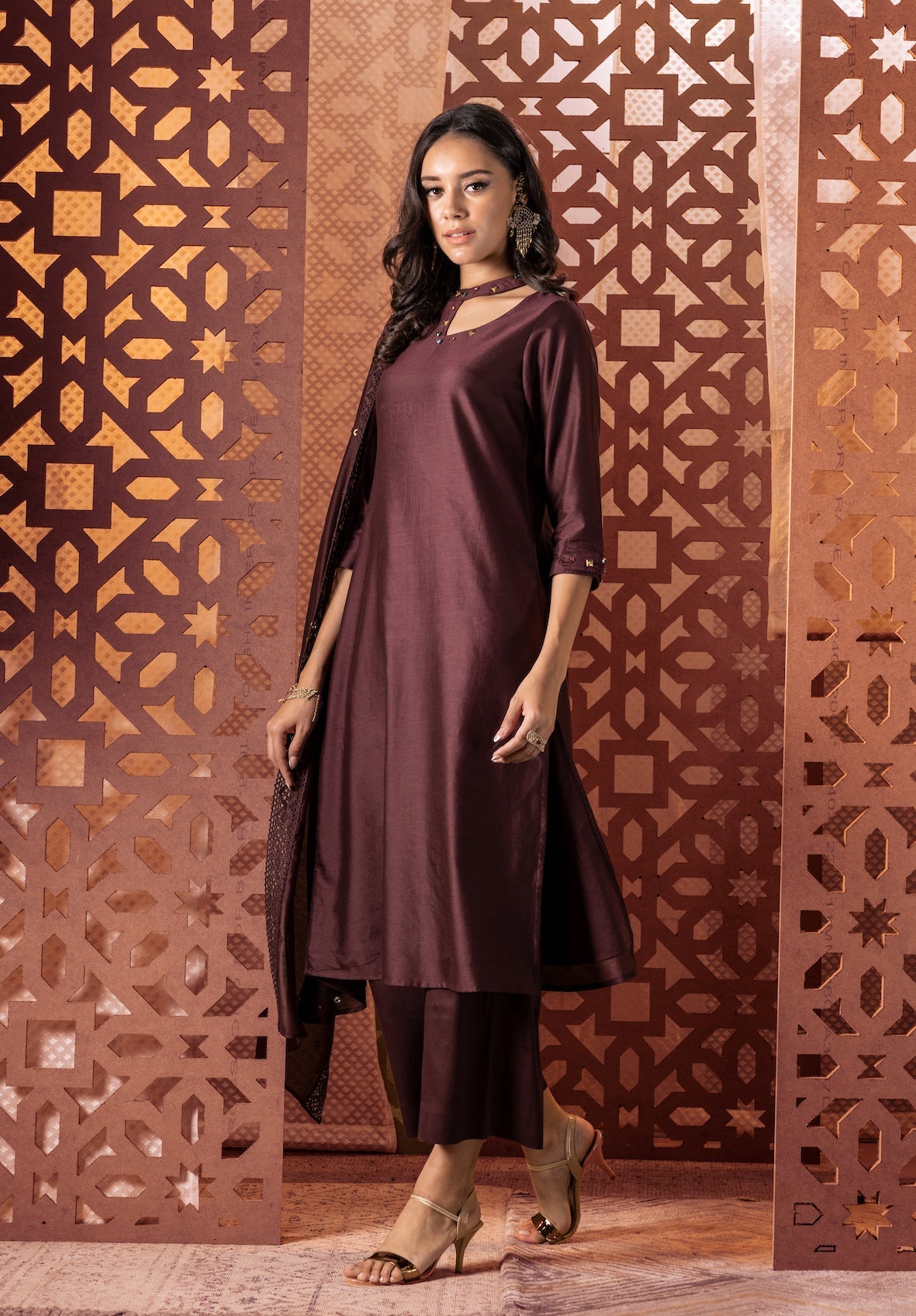 Brown Chanderi Cutout Kurta - Set of 3 by Charkhee with Brown, Chanderi, Cotton, Embroidered, Ethnic Wear, Indian Wear, Kurta Palazzo Sets, Kurta Set With Dupatta, Naayaab, Natural, Nayaab by Charkhee, Relaxed Fit, Womenswear at Kamakhyaa for sustainable fashion