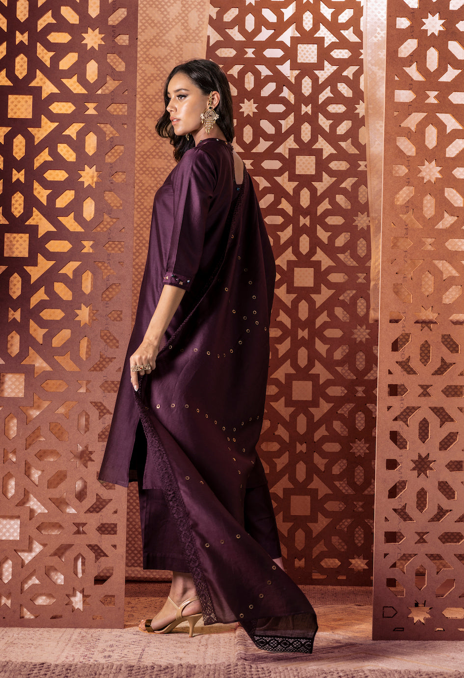 Brown Chanderi Cutout Kurta - Set of 3 by Charkhee with Brown, Chanderi, Cotton, Embroidered, Ethnic Wear, Indian Wear, Kurta Palazzo Sets, Kurta Set With Dupatta, Naayaab, Natural, Nayaab by Charkhee, Relaxed Fit, Womenswear at Kamakhyaa for sustainable fashion