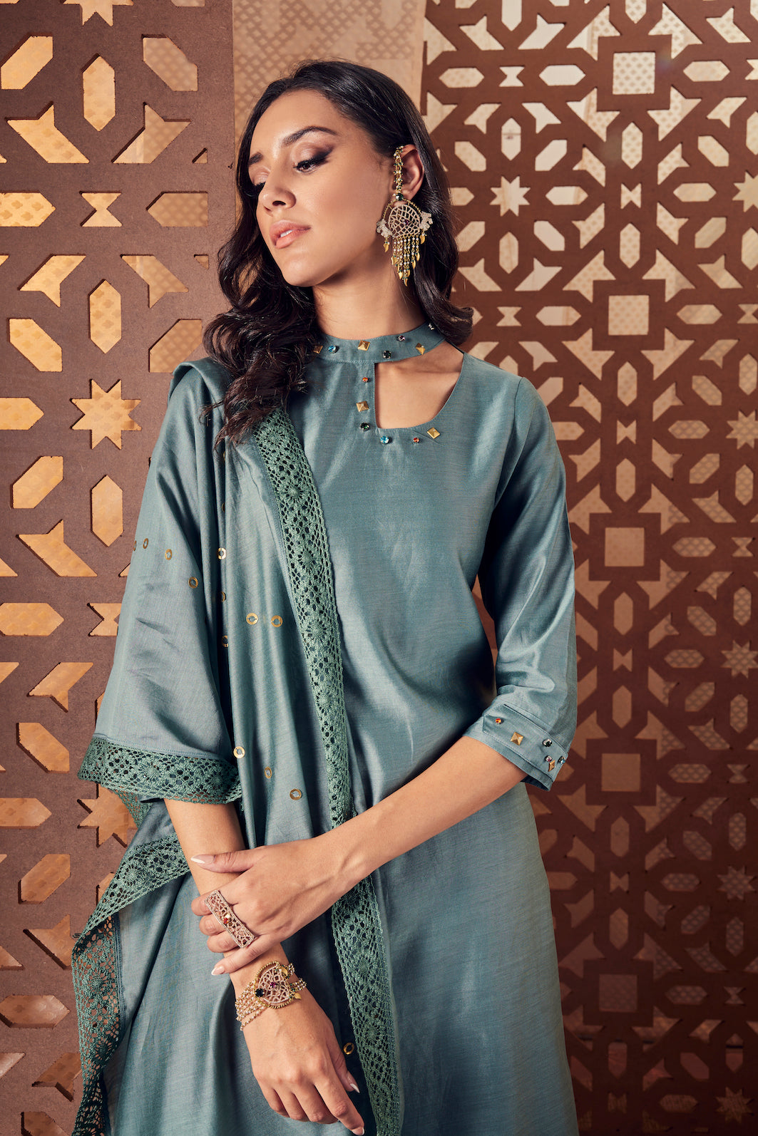 Chanderi Cutout Kurta - Set of 3 by Charkhee with Chanderi, Cotton, Embroidered, Ethnic Wear, Green, Indian Wear, Kurta Palazzo Sets, Naayaab, Natural, Nayaab, Nayaab by Charkhee, Relaxed Fit, Womenswear at Kamakhyaa for sustainable fashion
