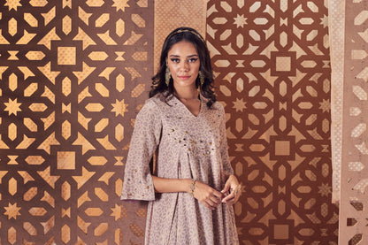 Beige Anarkali - Set of 3 by Charkhee with Anarkali Set, Beige, Cotton, Crepe, Embroidered, Ethnic Wear, Indian Wear, Kurta Palazzo Sets, Naayaab, Natural, Nayaab, Nayaab by Charkhee, Relaxed Fit, Womenswear at Kamakhyaa for sustainable fashion