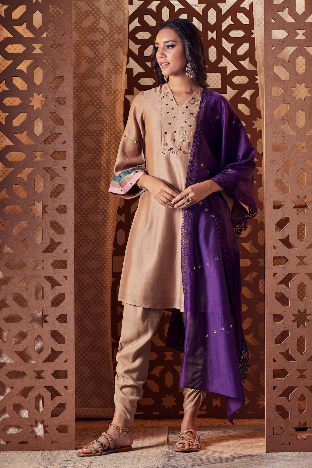 Beige & Purple Chanderi Bell Sleeve Kurta with Salwar - Set of 3 Beige, Chanderi, Cotton, Embroidered, Ethnic Wear, With Dupattas, Naayaab, Natural, Purple, Relaxed Fit Kamakhyaa