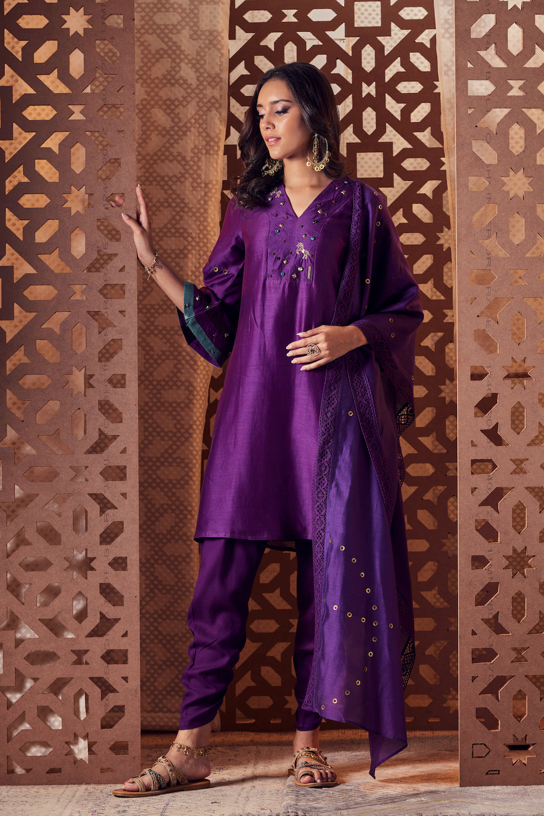 Purple Chanderi Bell Sleeve Kurta with Salwar - Set of 3 Complete Sets Chanderi, Cotton, Embroidered, Ethnic Wear, With Dupattas, Naayaab, Natural, Purple, Relaxed Fit Charkhee Kamakhyaa