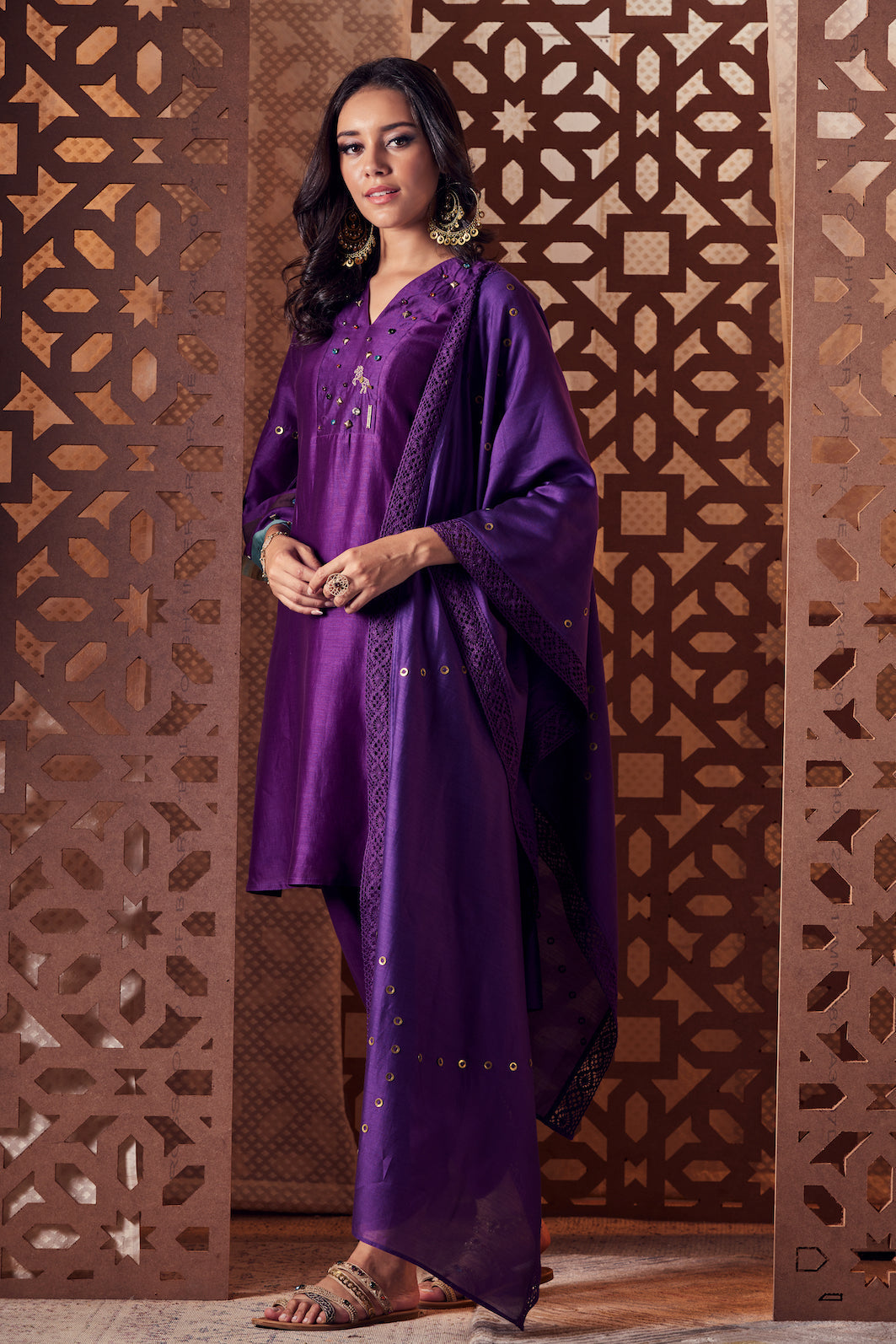 Purple Chanderi Bell Sleeve Kurta with Salwar - Set of 3 by Charkhee with Chanderi, Cotton, Embroidered, Ethnic Wear, Indian Wear, Kurta Salwar Sets, Kurta Set With Dupatta, Naayaab, Natural, Nayaab, Nayaab by Charkhee, Purple, Relaxed Fit, Womenswear at Kamakhyaa for sustainable fashion