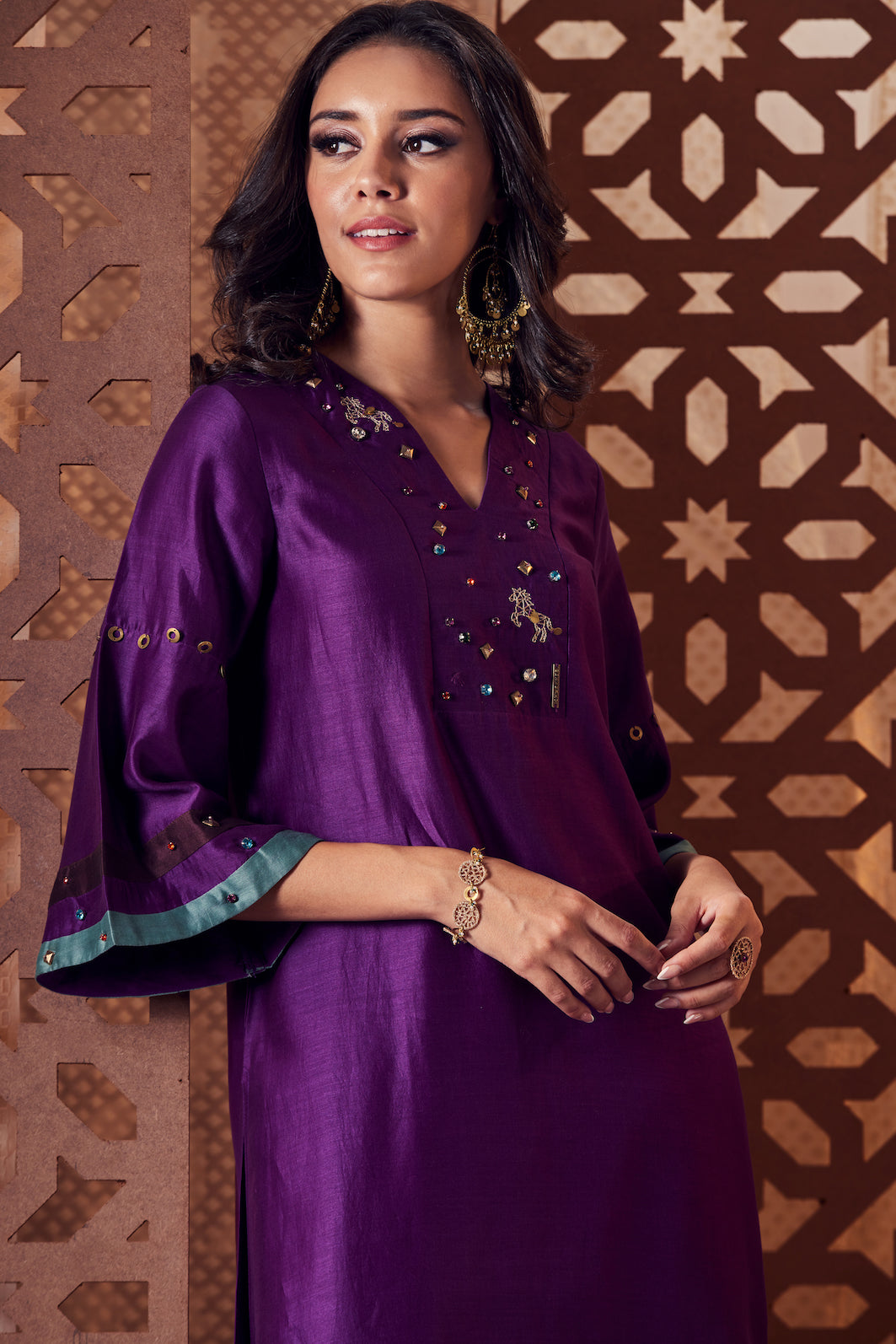 Purple Chanderi Bell Sleeve Kurta with Salwar - Set of 3 Complete Sets Chanderi, Cotton, Embroidered, Ethnic Wear, With Dupattas, Naayaab, Natural, Purple, Relaxed Fit Charkhee Kamakhyaa