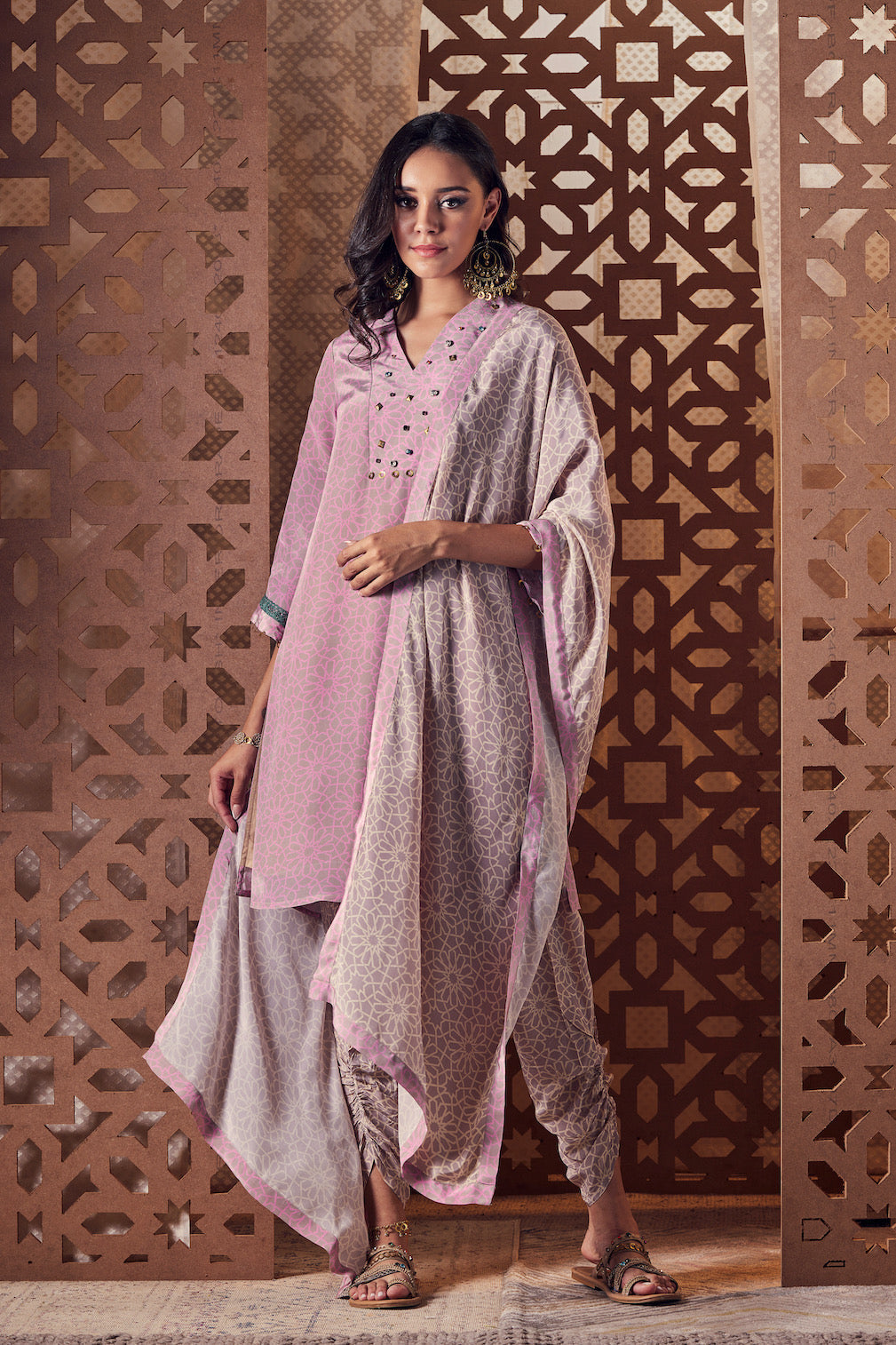 Pink Bell Sleeve Kurta with Salwar - Set of 3 by Charkhee with Beige, Cotton, Crepe, Embroidered, Ethnic Wear, Indian Wear, Kurta Salwar Sets, Kurta Set With Dupatta, Naayaab, Natural, Nayaab, Nayaab by Charkhee, Relaxed Fit, Womenswear at Kamakhyaa for sustainable fashion