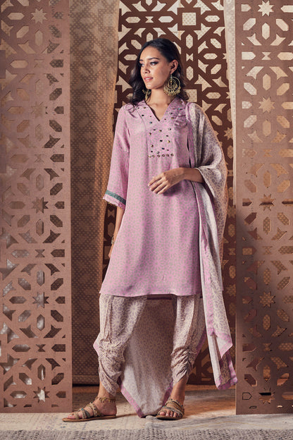 Pink Bell Sleeve Kurta with Salwar - Set of 3 Complete Sets Beige, Cotton, Crepe, Embroidered, Ethnic Wear, With Dupattas, Naayaab, Natural, Relaxed Fit Charkhee Kamakhyaa