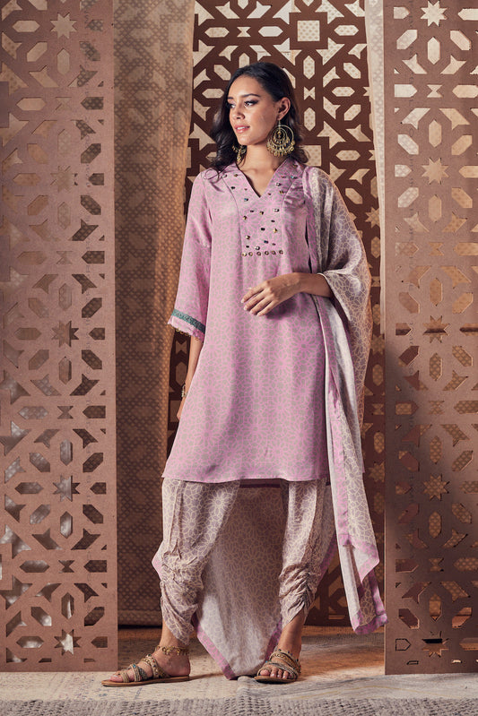 Pink Bell Sleeve Kurta with Salwar - Set of 3 by Charkhee with Beige, Cotton, Crepe, Embroidered, Ethnic Wear, Indian Wear, Kurta Salwar Sets, Kurta Set With Dupatta, Naayaab, Natural, Nayaab, Nayaab by Charkhee, Relaxed Fit, Womenswear at Kamakhyaa for sustainable fashion