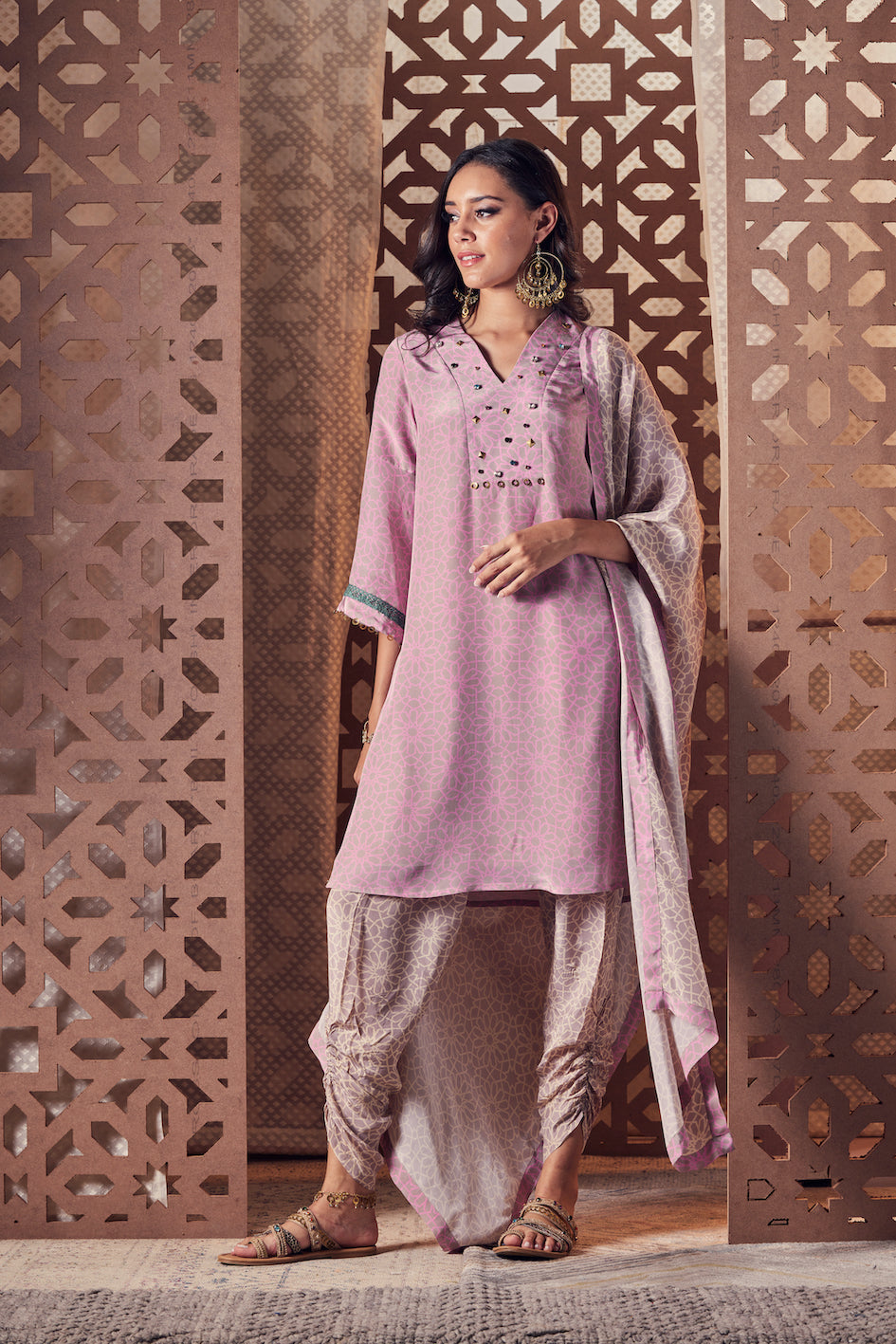 Pink Bell Sleeve Kurta with Salwar - Set of 3 Complete Sets Beige, Cotton, Crepe, Embroidered, Ethnic Wear, With Dupattas, Naayaab, Natural, Relaxed Fit Charkhee Kamakhyaa