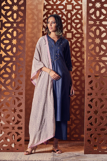 Denim Pleated Neck Kurta - Set of 3 by Charkhee with Blue, Crepe, Denim, Embroidered, Ethnic Wear, Indian Wear, Kurta Palazzo Sets, Kurta Set With Dupatta, Naayaab, Natural, Nayaab, Nayaab by Charkhee, Relaxed Fit, Womenswear at Kamakhyaa for sustainable fashion