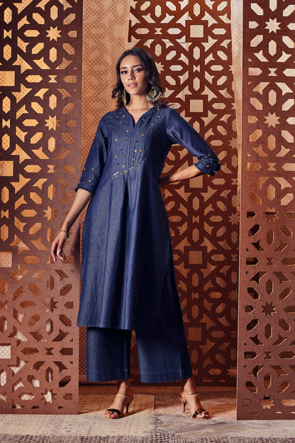 Denim Pleated Neck Kurta - Set of 3 by Charkhee with Blue, Crepe, Denim, Embroidered, Ethnic Wear, Indian Wear, Kurta Palazzo Sets, Kurta Set With Dupatta, Naayaab, Natural, Nayaab, Nayaab by Charkhee, Relaxed Fit, Womenswear at Kamakhyaa for sustainable fashion