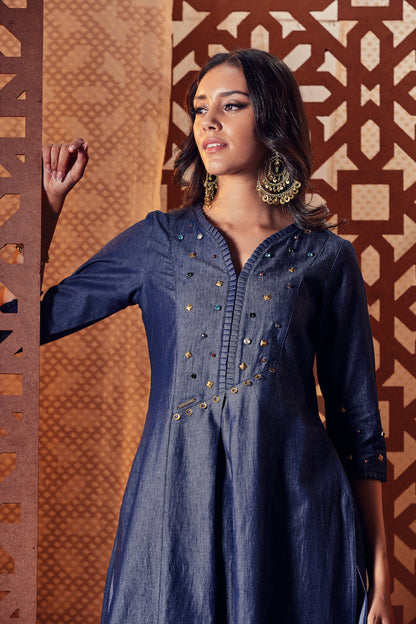 Denim Pleated Neck Kurta - Set of 3 by Charkhee with Blue, Crepe, Denim, Embroidered, Ethnic Wear, Indian Wear, Kurta Palazzo Sets, Kurta Set With Dupatta, Naayaab, Natural, Nayaab, Nayaab by Charkhee, Relaxed Fit, Womenswear at Kamakhyaa for sustainable fashion