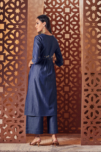 Denim Pleated Neck Kurta - Set of 3 by Charkhee with Blue, Crepe, Denim, Embroidered, Ethnic Wear, Indian Wear, Kurta Palazzo Sets, Kurta Set With Dupatta, Naayaab, Natural, Nayaab, Nayaab by Charkhee, Relaxed Fit, Womenswear at Kamakhyaa for sustainable fashion