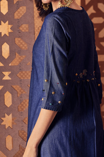 Denim Pleated Neck Kurta - Set of 3 by Charkhee with Blue, Crepe, Denim, Embroidered, Ethnic Wear, Indian Wear, Kurta Palazzo Sets, Kurta Set With Dupatta, Naayaab, Natural, Nayaab, Nayaab by Charkhee, Relaxed Fit, Womenswear at Kamakhyaa for sustainable fashion