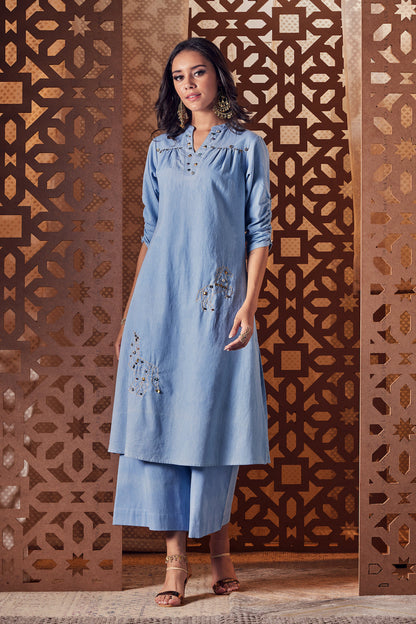 Denim A-Line Kurta - Set of 3 by Charkhee with blue, Crepe, Denim, Embroidered, Ethnic Wear, Indian Wear, Kurta Palazzo Sets, Kurta Set With Dupatta, Naayaab, Natural, Nayaab, Nayaab by Charkhee, Relaxed Fit, Womenswear at Kamakhyaa for sustainable fashion