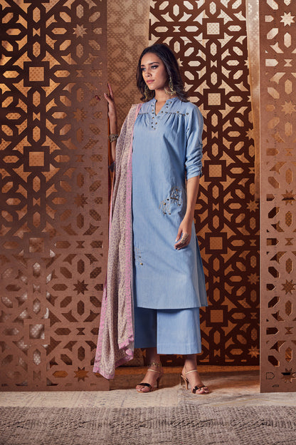 Denim A-Line Kurta - Set of 3 by Charkhee with blue, Crepe, Denim, Embroidered, Ethnic Wear, Indian Wear, Kurta Palazzo Sets, Kurta Set With Dupatta, Naayaab, Natural, Nayaab, Nayaab by Charkhee, Relaxed Fit, Womenswear at Kamakhyaa for sustainable fashion