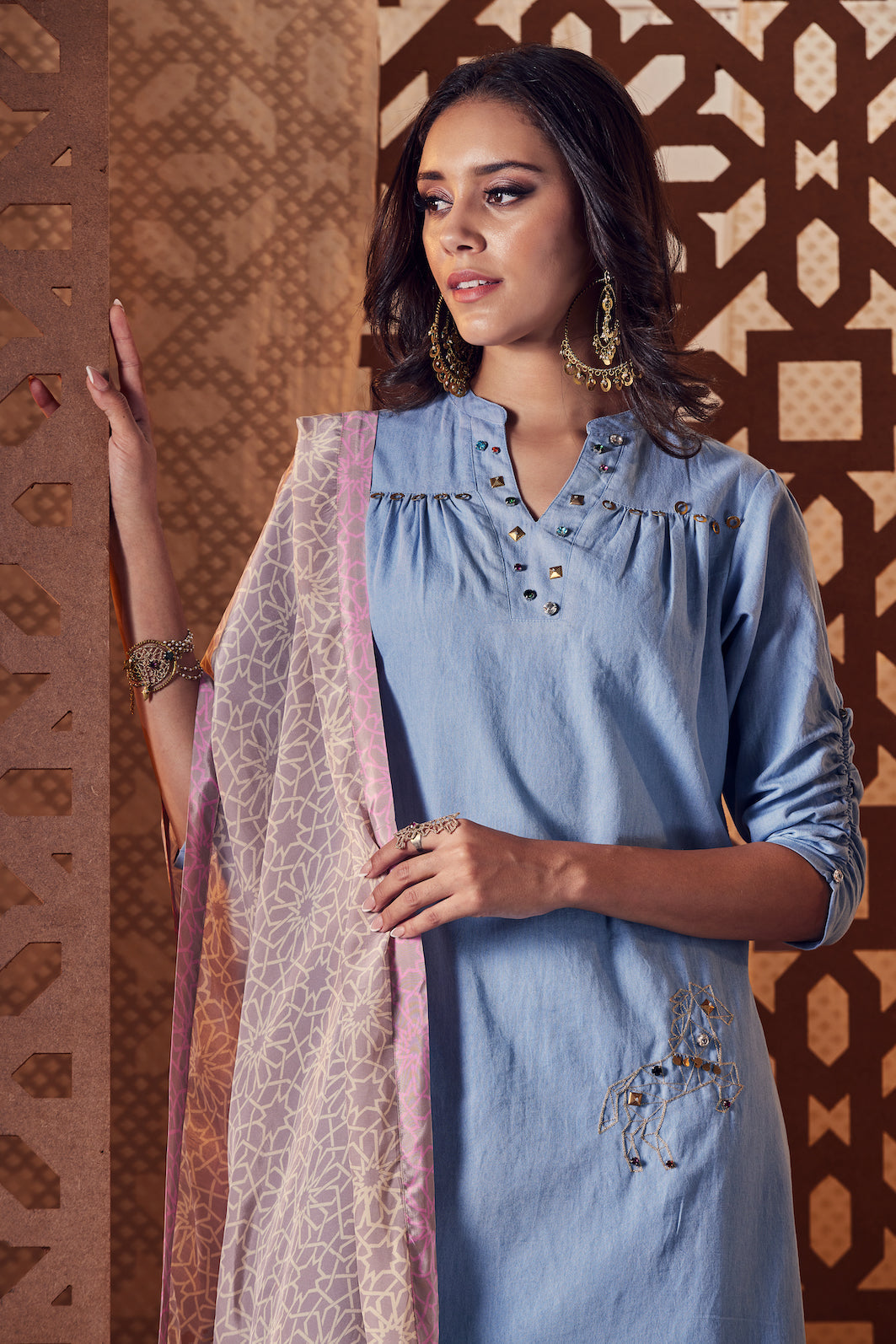 Denim A-Line Kurta - Set of 3 by Charkhee with blue, Crepe, Denim, Embroidered, Ethnic Wear, Indian Wear, Kurta Palazzo Sets, Kurta Set With Dupatta, Naayaab, Natural, Nayaab, Nayaab by Charkhee, Relaxed Fit, Womenswear at Kamakhyaa for sustainable fashion