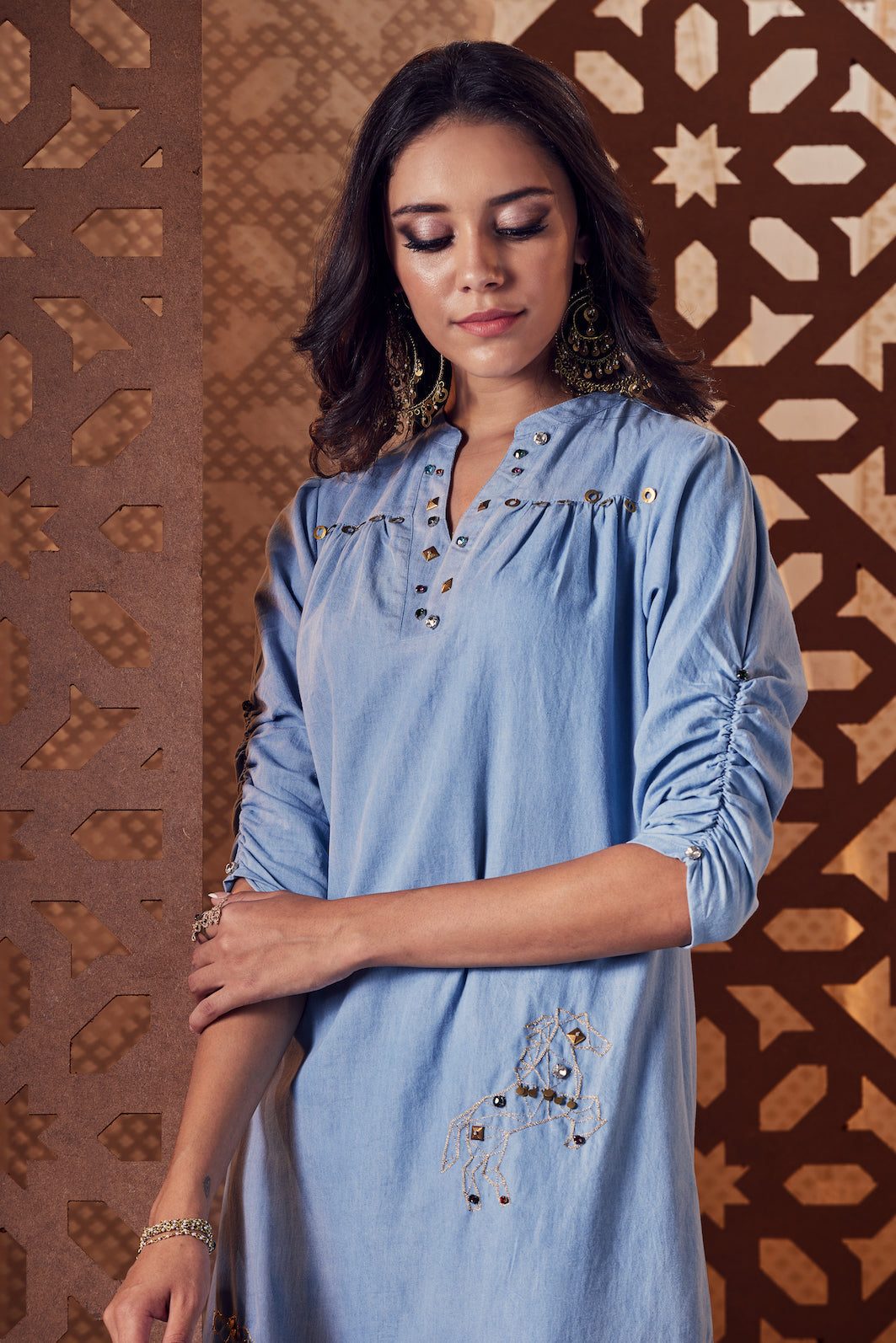 Denim A-Line Kurta - Set of 3 by Charkhee with blue, Crepe, Denim, Embroidered, Ethnic Wear, Indian Wear, Kurta Palazzo Sets, Kurta Set With Dupatta, Naayaab, Natural, Nayaab, Nayaab by Charkhee, Relaxed Fit, Womenswear at Kamakhyaa for sustainable fashion