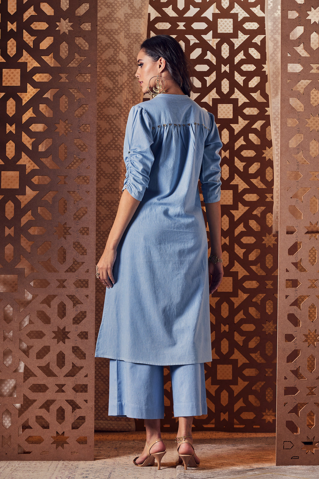 Denim A-Line Kurta - Set of 3 by Charkhee with blue, Crepe, Denim, Embroidered, Ethnic Wear, Indian Wear, Kurta Palazzo Sets, Kurta Set With Dupatta, Naayaab, Natural, Nayaab, Nayaab by Charkhee, Relaxed Fit, Womenswear at Kamakhyaa for sustainable fashion