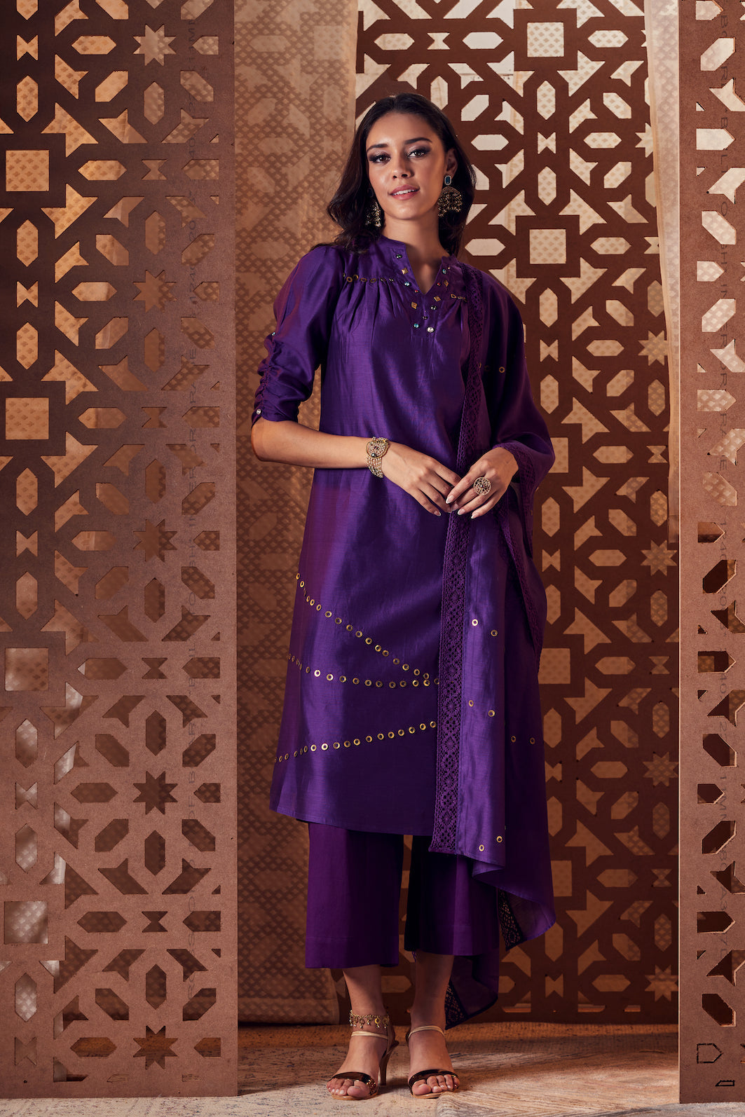 Chanderi A-Line Kurta - Set of 3 by Charkhee with Chanderi, Cotton, Embroidered, Ethnic Wear, Indian Wear, Kurta Palazzo Sets, Naayaab, Natural, Nayaab, Nayaab by Charkhee, Purple, Relaxed Fit, Wedding Gifts, Womenswear at Kamakhyaa for sustainable fashion