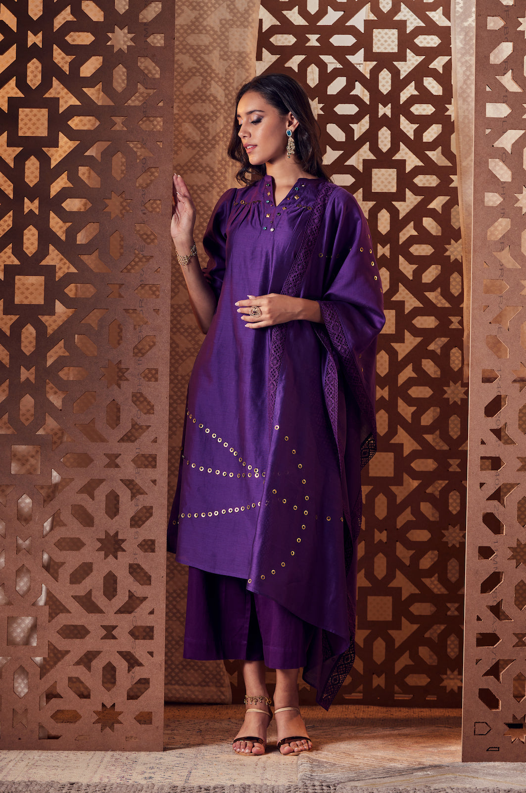 Chanderi A-Line Kurta - Set of 3 by Charkhee with Chanderi, Cotton, Embroidered, Ethnic Wear, Indian Wear, Kurta Palazzo Sets, Naayaab, Natural, Nayaab, Nayaab by Charkhee, Purple, Relaxed Fit, Wedding Gifts, Womenswear at Kamakhyaa for sustainable fashion