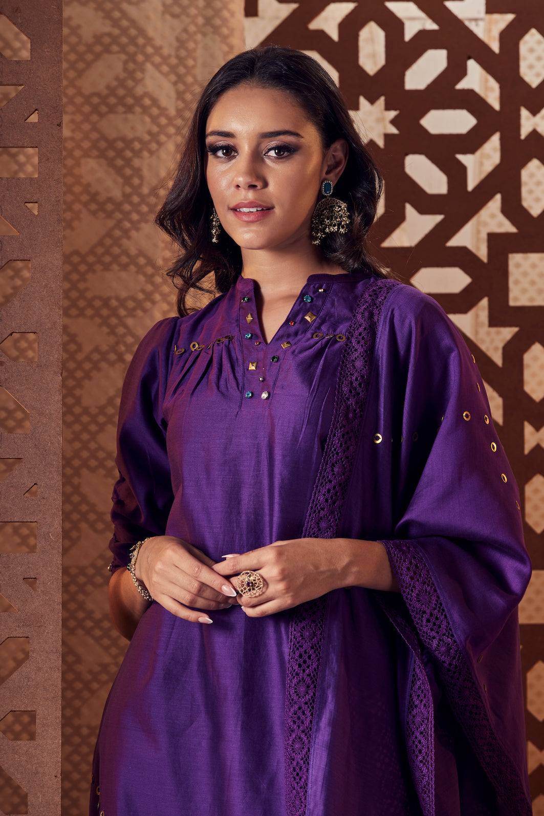 Chanderi A-Line Kurta - Set of 3 by Charkhee with Chanderi, Cotton, Embroidered, Ethnic Wear, Indian Wear, Kurta Palazzo Sets, Naayaab, Natural, Nayaab, Nayaab by Charkhee, Purple, Relaxed Fit, Wedding Gifts, Womenswear at Kamakhyaa for sustainable fashion