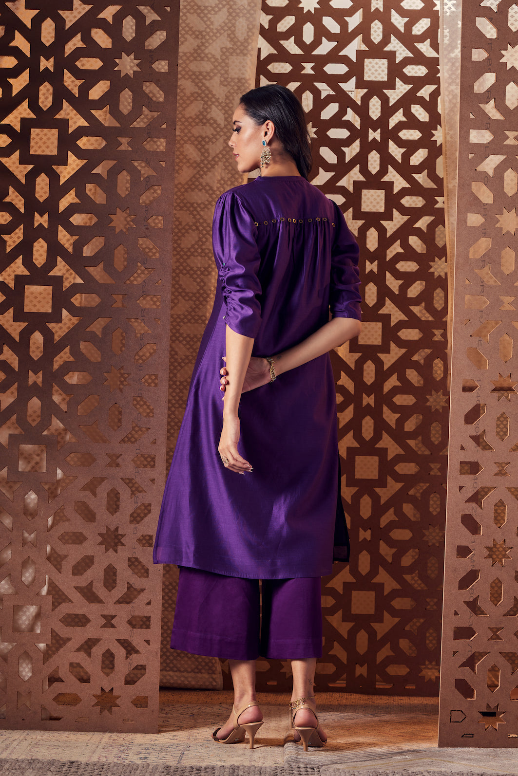 Chanderi A-Line Kurta - Set of 3 by Charkhee with Chanderi, Cotton, Embroidered, Ethnic Wear, Indian Wear, Kurta Palazzo Sets, Naayaab, Natural, Nayaab, Nayaab by Charkhee, Purple, Relaxed Fit, Wedding Gifts, Womenswear at Kamakhyaa for sustainable fashion