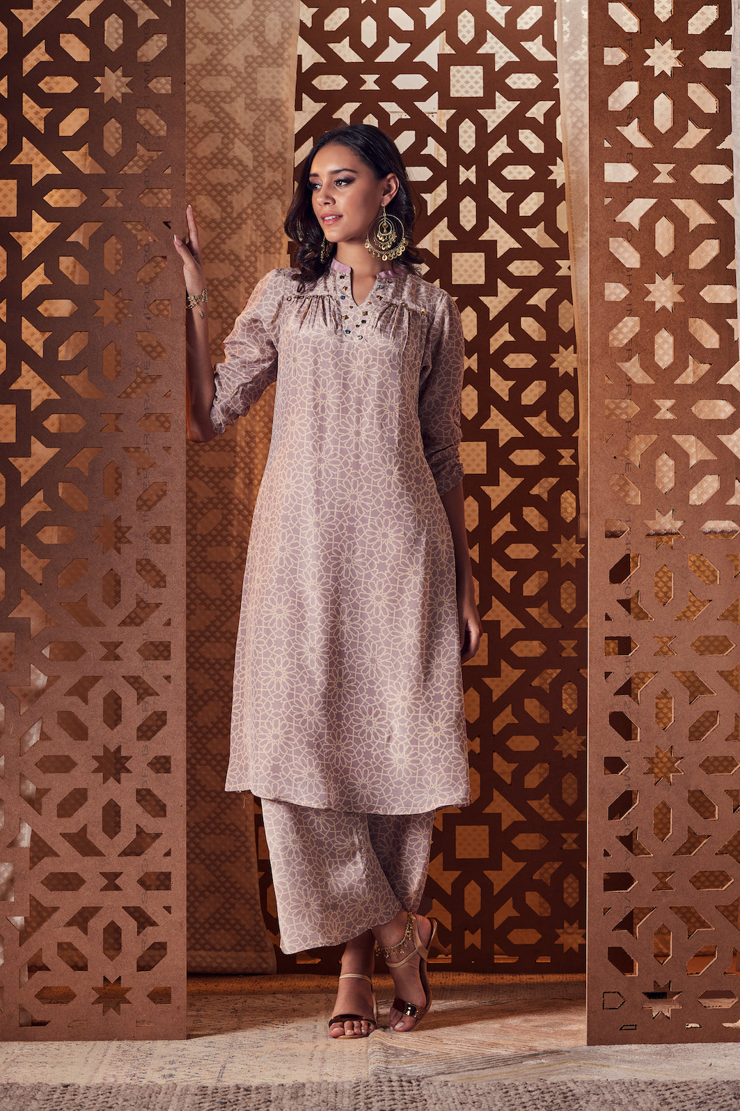 Beige A-Line Kurta - Set of 3 Complete Sets Beige, Cotton, Crepe, Embroidered, Ethnic Wear, With Dupattas, Naayaab, Natural, Relaxed Fit Charkhee Kamakhyaa