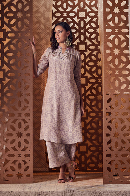 Beige A-Line Kurta - Set of 3 Beige, Cotton, Crepe, Embroidered, Ethnic Wear, With Dupattas, Naayaab, Natural, Relaxed Fit Kamakhyaa