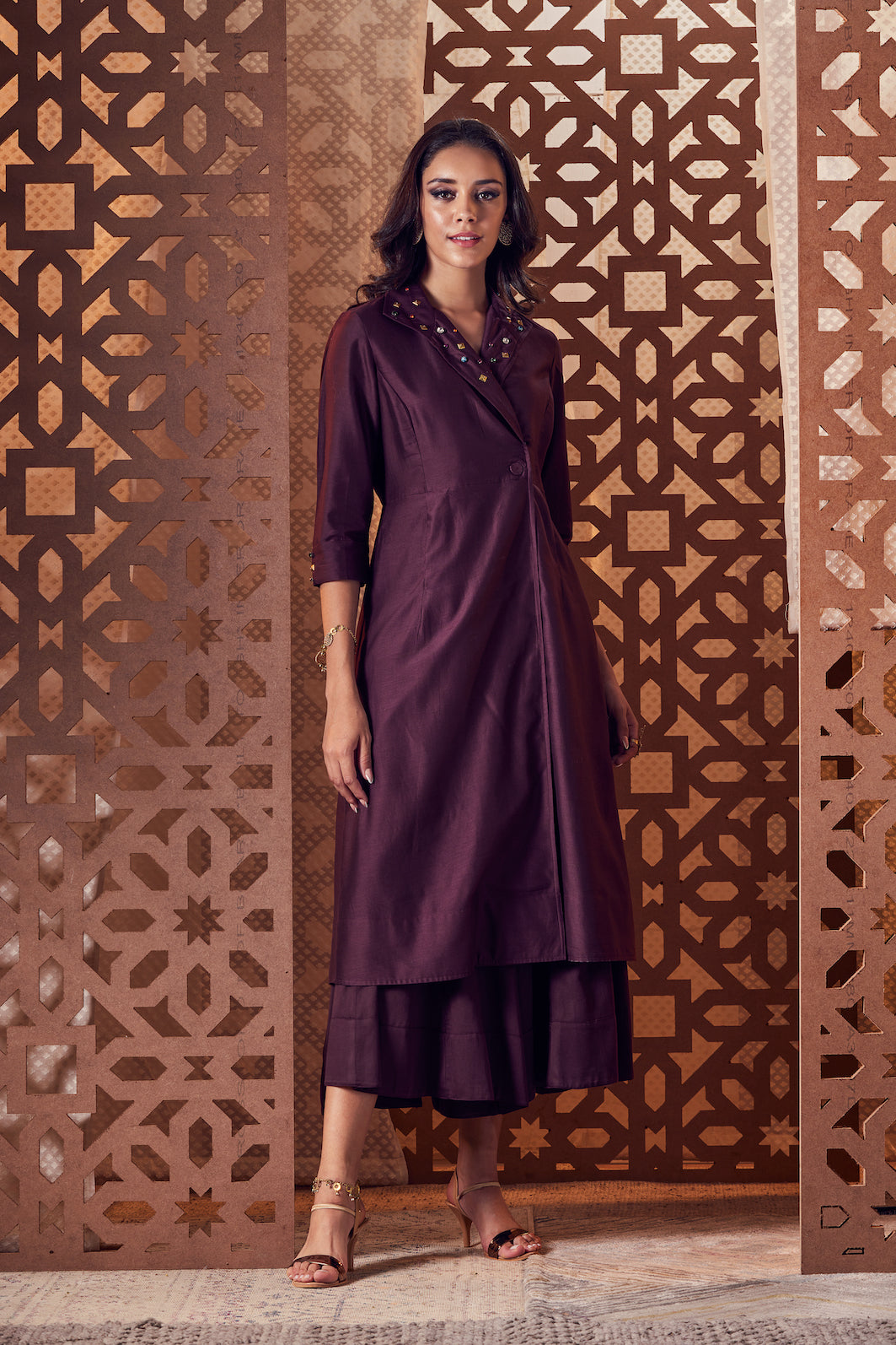 Chanderi Kurta with Flared Palazzo - Set of 2 by Charkhee with Brown, Chanderi, Cotton, Embroidered, Ethnic Wear, Indian Wear, Kurta Palazzo Sets, Naayaab, Natural, Nayaab, Nayaab by Charkhee, Relaxed Fit, Womenswear at Kamakhyaa for sustainable fashion