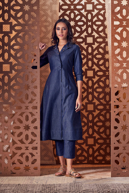 Denim Kurta with Pant - Set of 2 Complete Sets Blue, Denim, Embroidered, Ethnic Wear, Sets, Naayaab, Natural, Relaxed Fit Charkhee Kamakhyaa