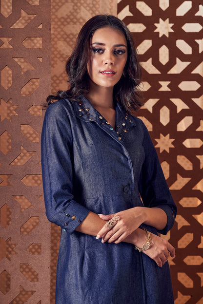Denim Kurta with Pant - Set of 2 Blue, Denim, Embroidered, Ethnic Wear, Sets, Naayaab, Natural, Relaxed Fit Kamakhyaa