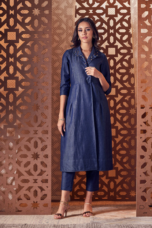 Denim Kurta with Pant - Set of 2 by Charkhee with Blue, Denim, Embroidered, Ethnic Wear, Indian Wear, Kurta Pant Sets, Naayaab, Natural, Nayaab, Nayaab by Charkhee, Relaxed Fit, Womenswear at Kamakhyaa for sustainable fashion