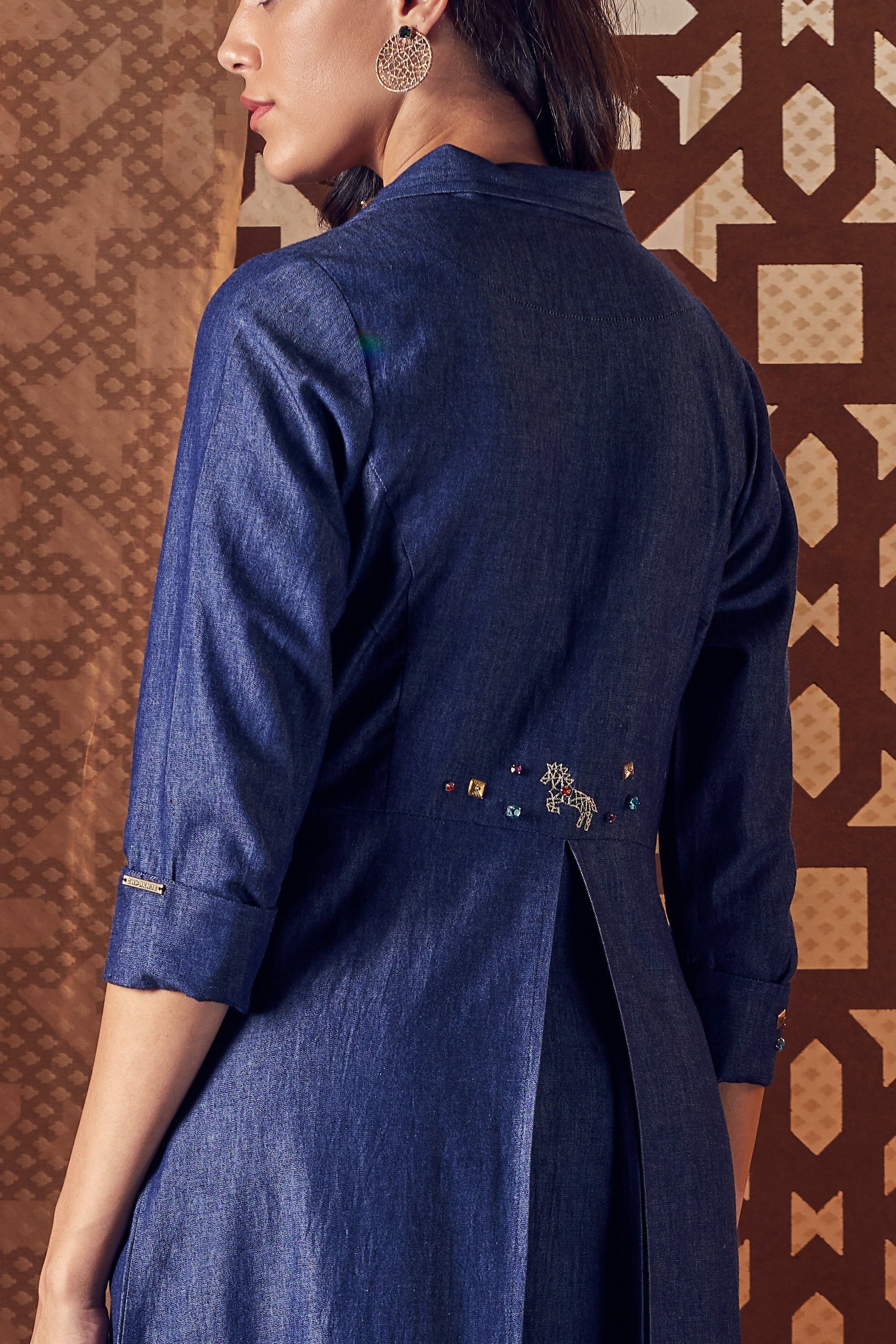Denim Kurta with Pant - Set of 2 Complete Sets Blue, Denim, Embroidered, Ethnic Wear, Sets, Naayaab, Natural, Relaxed Fit Charkhee Kamakhyaa