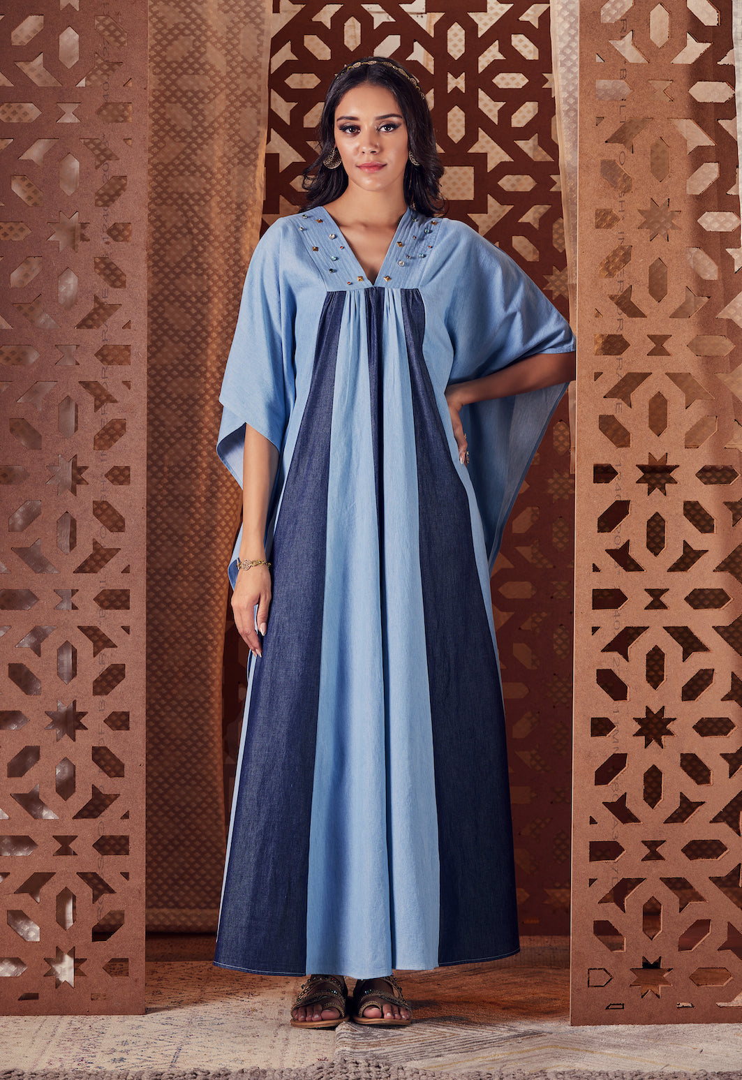 Blue Denim Kaftan Blue, Denim, Embroidered, Ethnic Wear, Kaftans, Naayaab, Natural, Relaxed Fit Kamakhyaa
