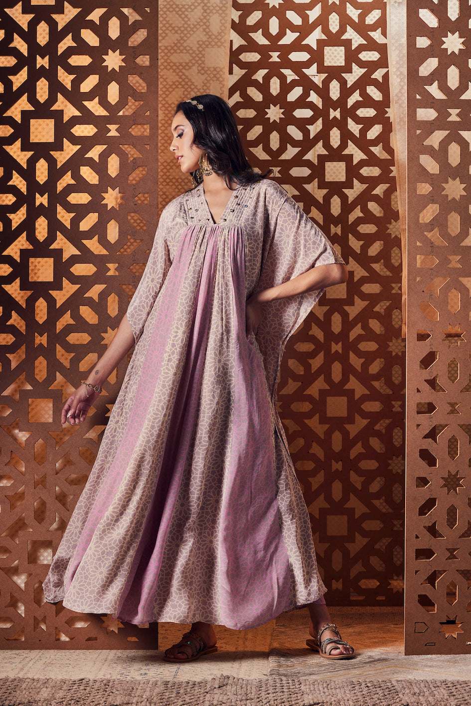 Pink Printed Kaftan Dresses Cotton, Crepe, Embroidered, Ethnic Wear, Kaftans, Naayaab, Natural, Pink, Relaxed Fit Charkhee Kamakhyaa