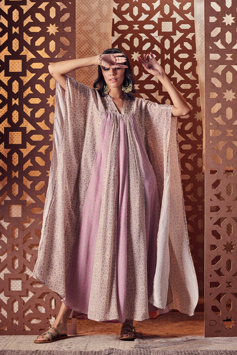 Pink Printed Kaftan by Charkhee with Best Selling, Cotton, Crepe, Embroidered, Ethnic Wear, Kaftan Dresses, Kaftans, Maxi Dresses, Naayaab, Natural, Nayaab, Nayaab by Charkhee, Pink, Relaxed Fit, Womenswear at Kamakhyaa for sustainable fashion