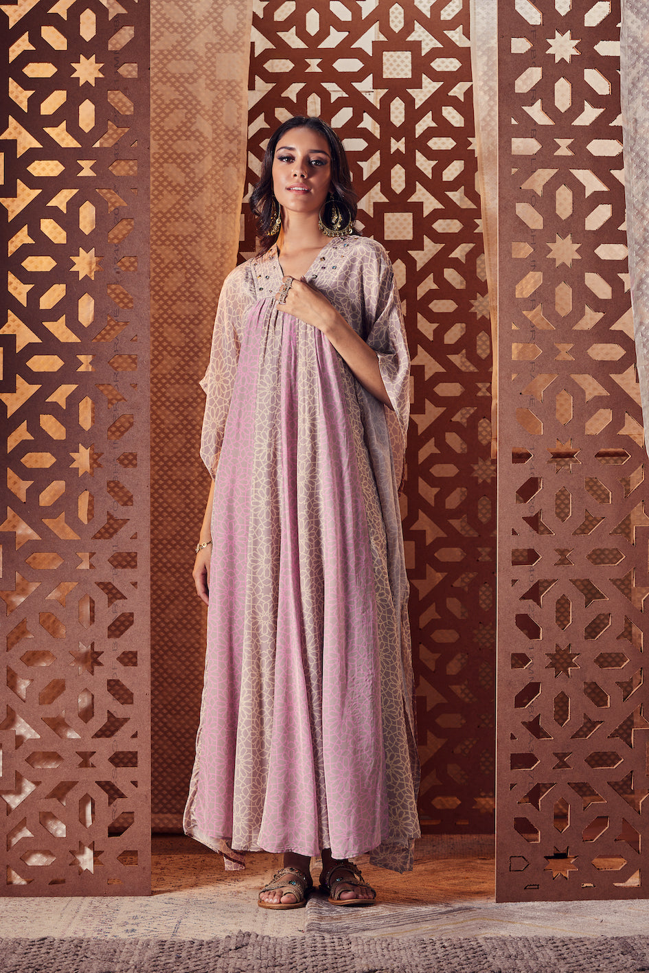 Pink Printed Kaftan Dresses Cotton, Crepe, Embroidered, Ethnic Wear, Kaftans, Naayaab, Natural, Pink, Relaxed Fit Charkhee Kamakhyaa