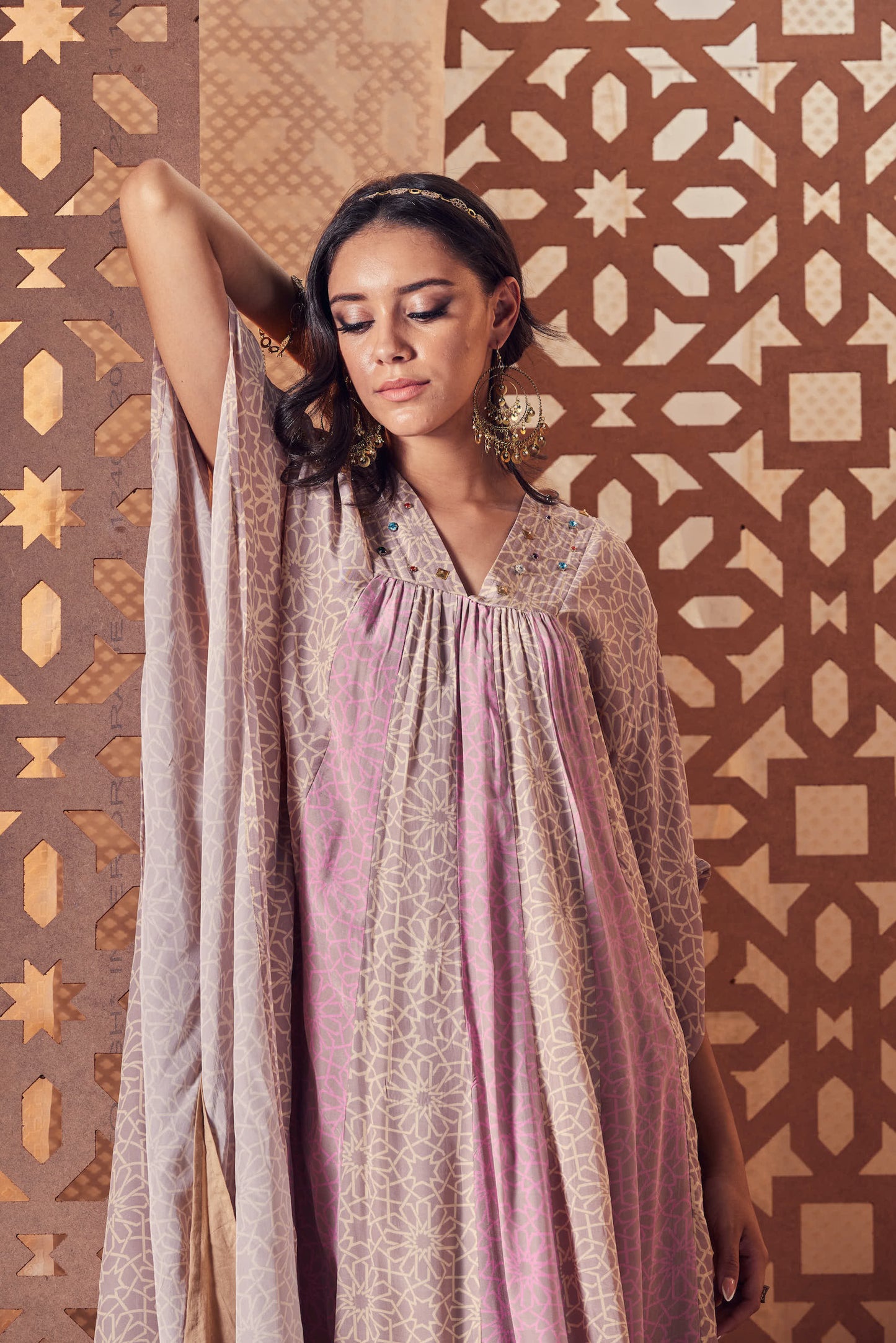 Pink Printed Kaftan by Charkhee with Best Selling, Cotton, Crepe, Embroidered, Ethnic Wear, Kaftan Dresses, Kaftans, Maxi Dresses, Naayaab, Natural, Nayaab, Nayaab by Charkhee, Pink, Relaxed Fit, Womenswear at Kamakhyaa for sustainable fashion