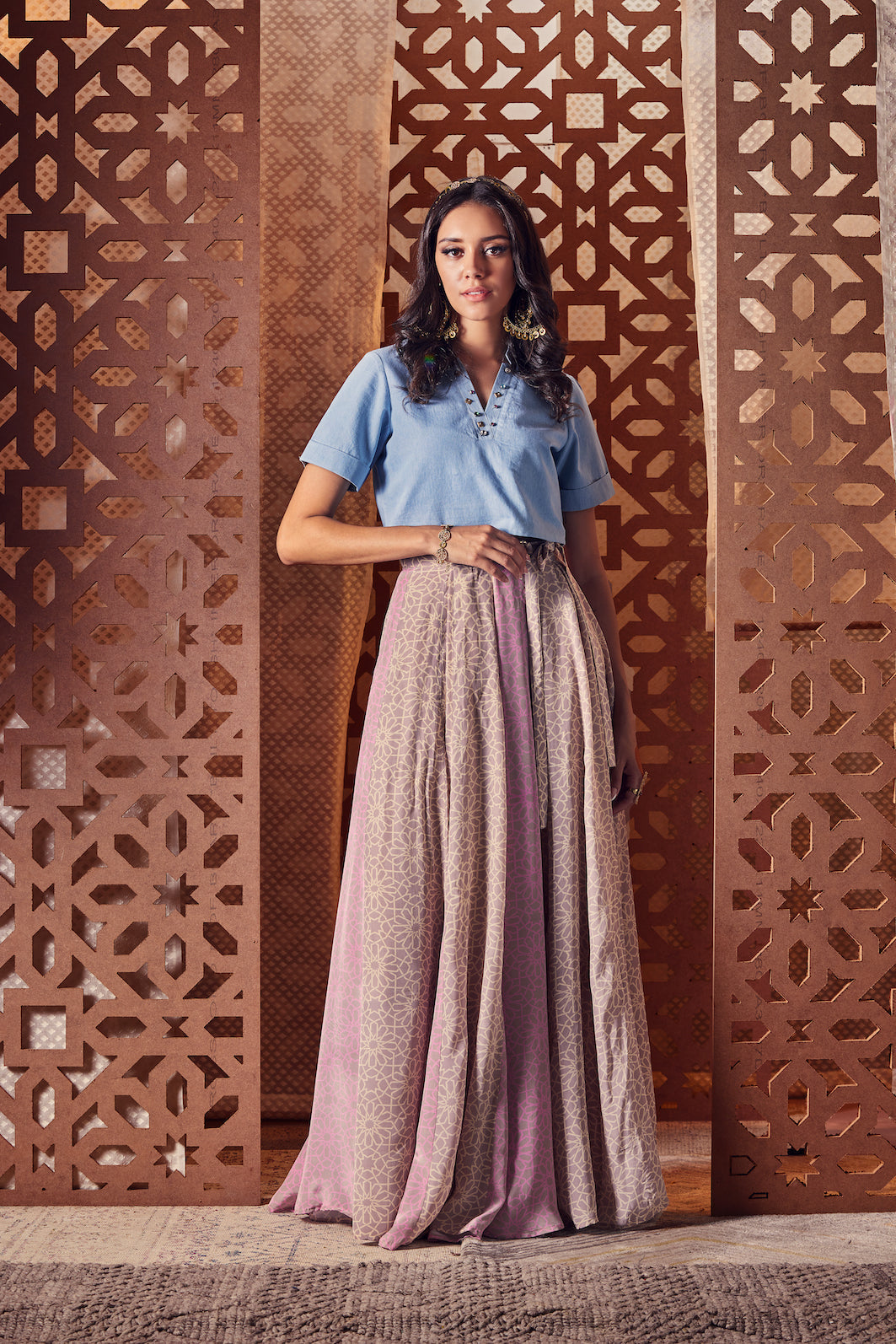 Wrap Around Skirt with Crop Top - Set of 2 by Charkhee with Co-ord Sets, Cotton, Crepe, Denim, Embroidered, Ethnic Wear, For Anniversary, Indian Wear, Naayaab, Natural, Nayaab, Nayaab by Charkhee, party, Party Wear Co-ords, Pink, Relaxed Fit, Skirt Sets, Womenswear at Kamakhyaa for sustainable fashion