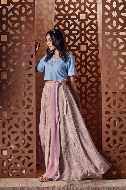 Wrap Around Skirt with Crop Top - Set of 2 by Charkhee with Co-ord Sets, Cotton, Crepe, Denim, Embroidered, Ethnic Wear, For Anniversary, Indian Wear, Naayaab, Natural, Nayaab, Nayaab by Charkhee, party, Party Wear Co-ords, Pink, Relaxed Fit, Skirt Sets, Womenswear at Kamakhyaa for sustainable fashion